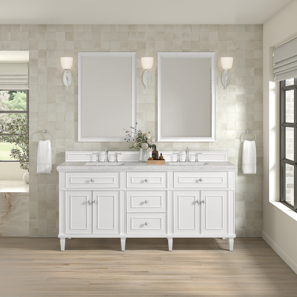 Lorelai 72" Double Vanity, Bright White, 3 CM Eternal Jasmine Pearl Top