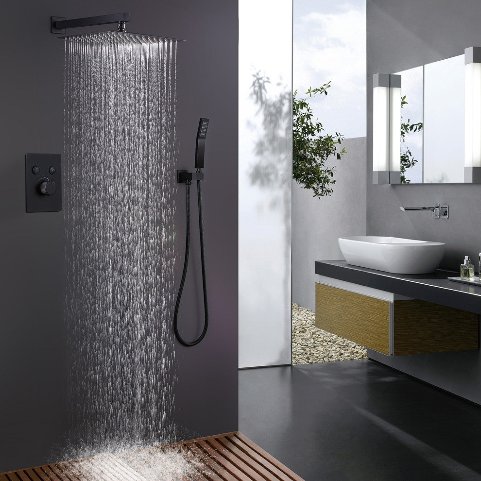 Luxury Wall Mounted Thermostatic Shower System With Rough-In Valve, Matte Black
