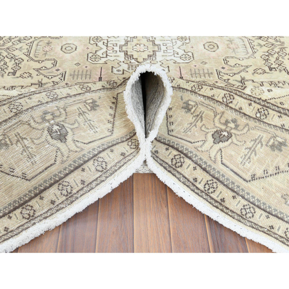 Worn Wool Hand Knotted Ivory Vintage White Wash Persian Tabriz Rug, 6'3" x 9'0"