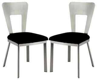 Set of 2 Dining Chair, Silver Finished Open Back With Black Microfiber Seat
