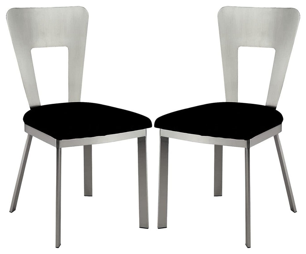 Set of 2 Dining Chair, Silver Finished Open Back With Black Microfiber Seat