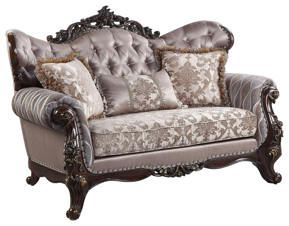 ACME Benbek Loveseat With 3 Pillows, Fabric and Antique Oak Finish