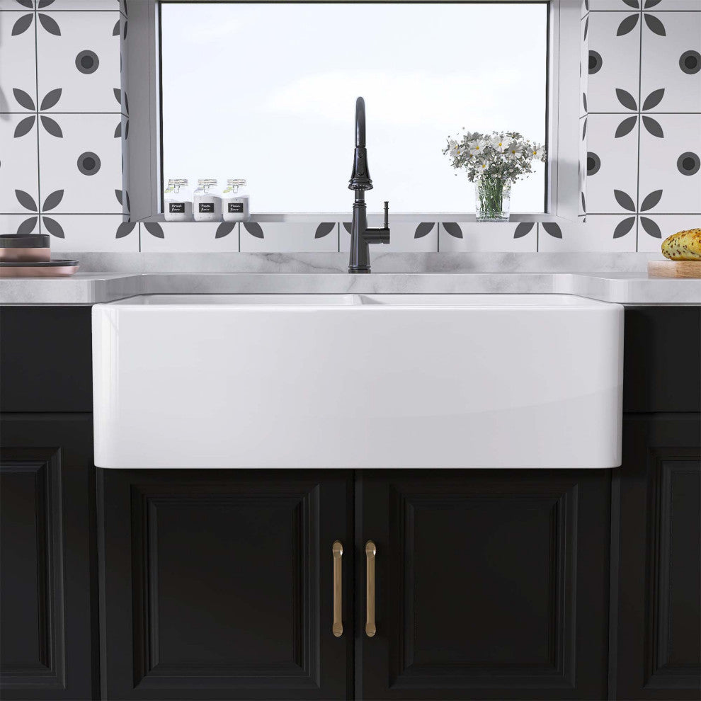 33"X18" Apron Front Double Bowl Fireclay Farmhouse Kitchen Sink with Accessories