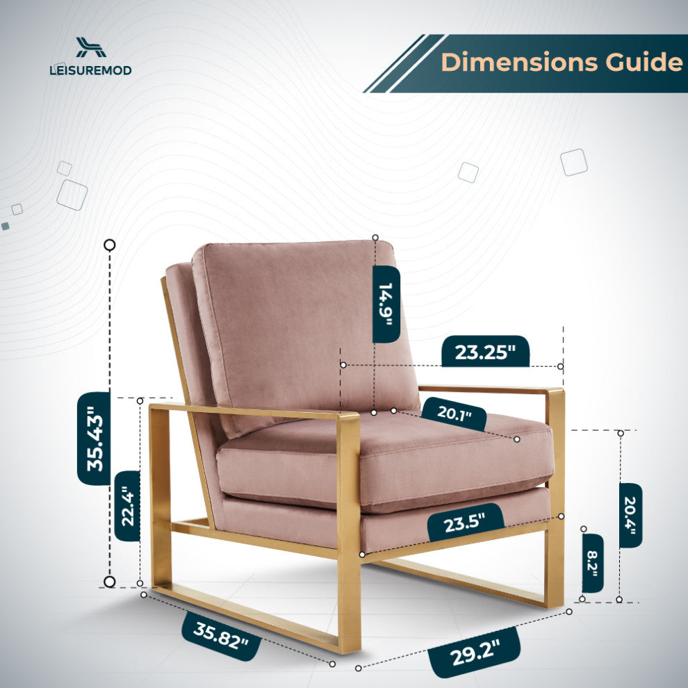 LeisureMod Jefferson Velvet Accent Armchair With Gold Frame, Pink