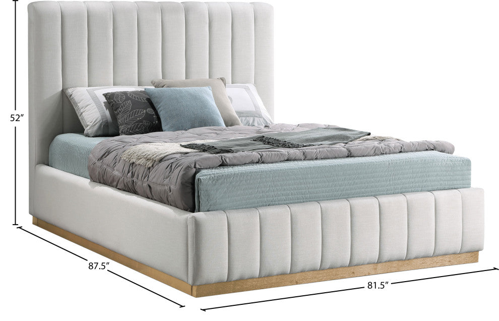 Lucia Beige Linen Textured Fabric Full Bed, Cream, King, Natural Finish