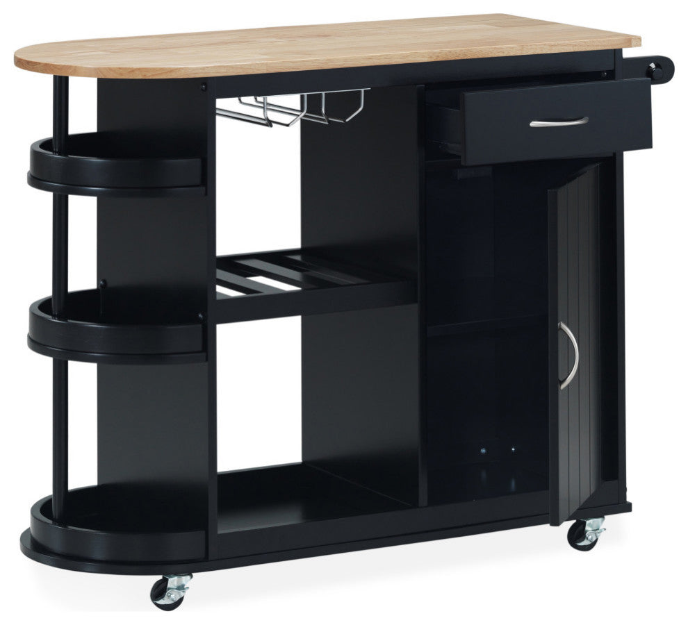 Chloe Kitchen Cart With Wheels, Black and Natural