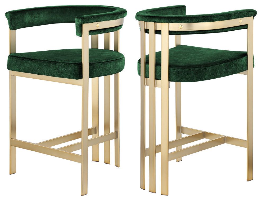 Marcello Upholstered Counter Stool, Green, Velvet, Brushed Brass