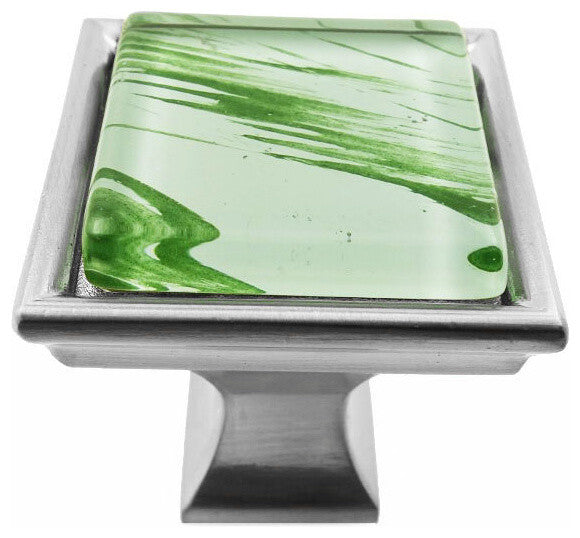 Hand Brushed Random Green Strokes Crystal Glass Brushed Nickel Classic Knob
