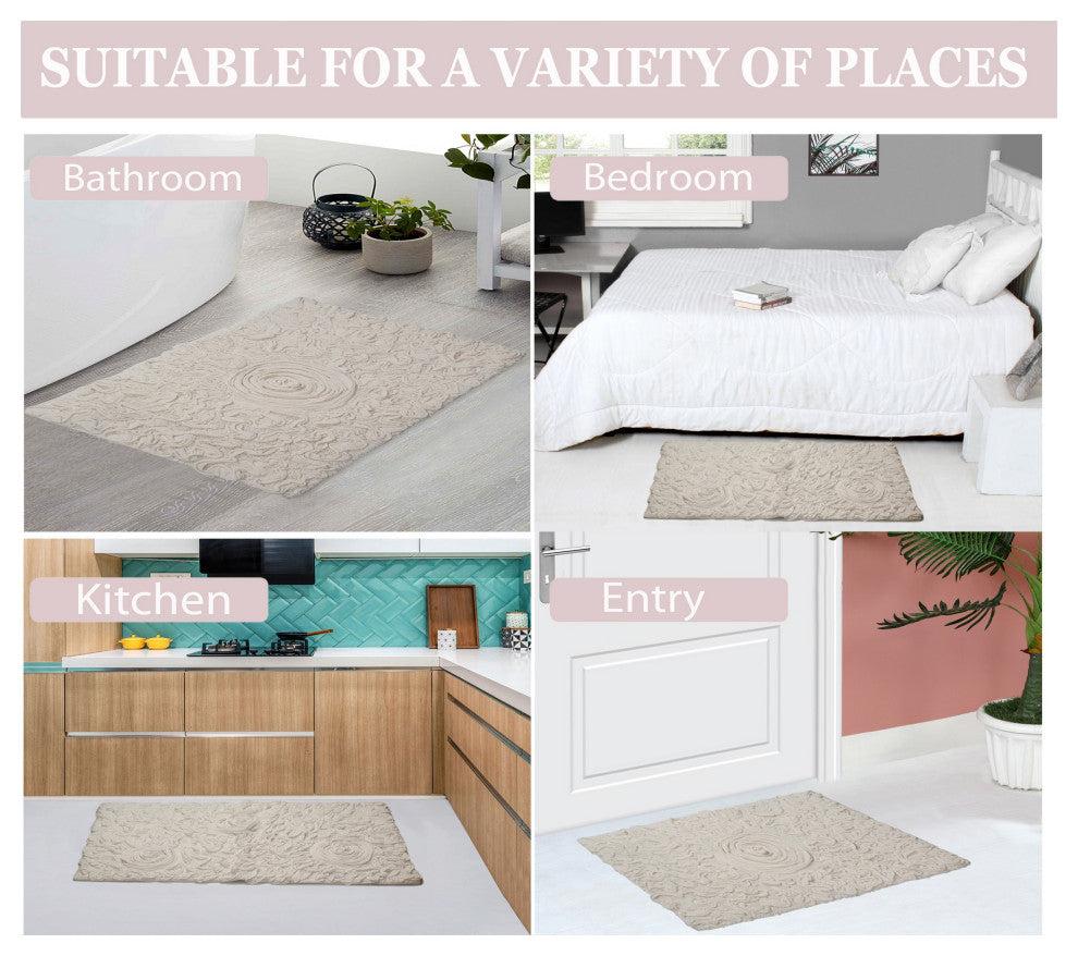 Bell Flower Collection Tufted Bath Rug, 3-Piece Set With Runner, Ivory