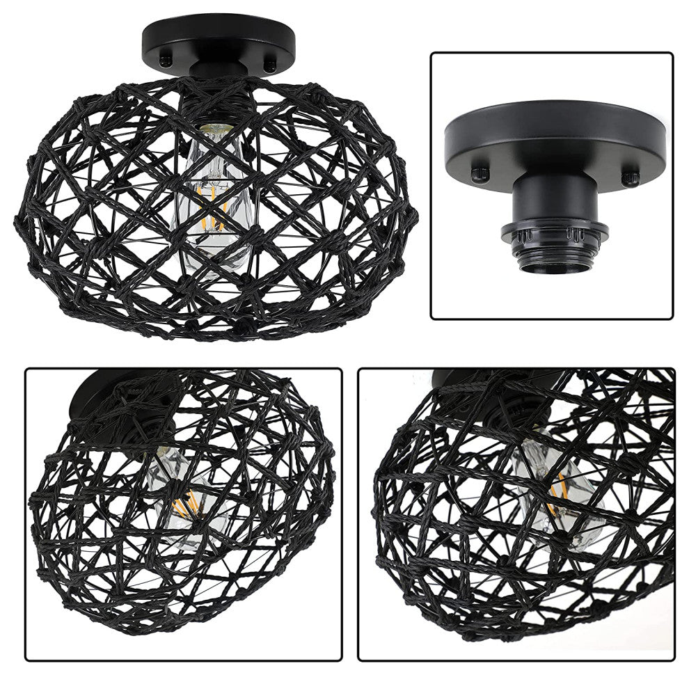 Rattan Semi Flush Mount Ceiling Light Basket Woven Wicker Boho Ceiling Lamp