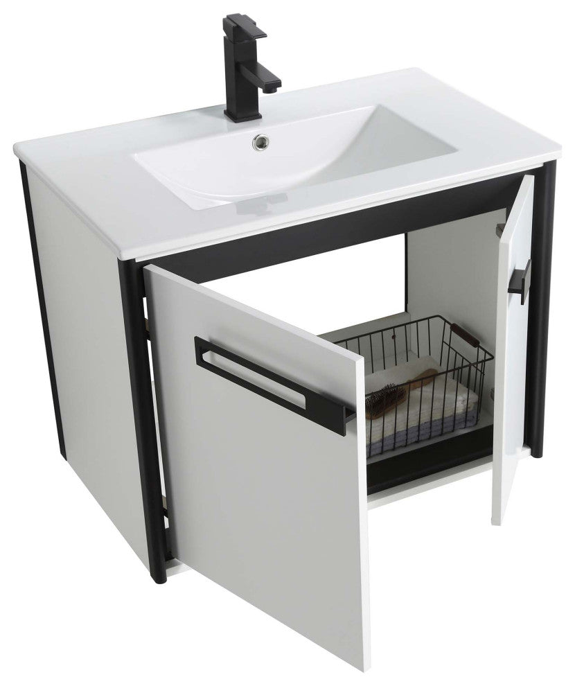 Oakville Wall Mount Bathroom Vanity, White Matte, 30", Black Hardware