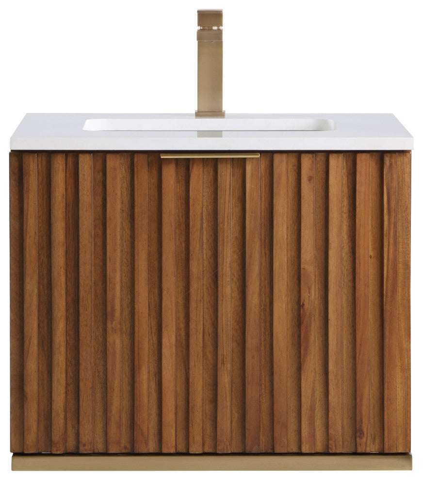 Terra Bathroom Vanity, Walnut/Satin Brass With White Quartz, 24", White Quartz Top