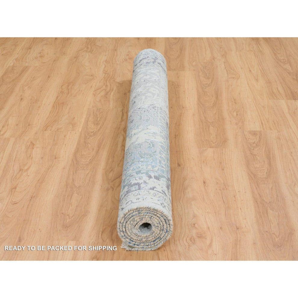 Light Gray Pure Silk With Wool Hand Knotted Broken Kashan Design Rug, 6'0"x9'0"