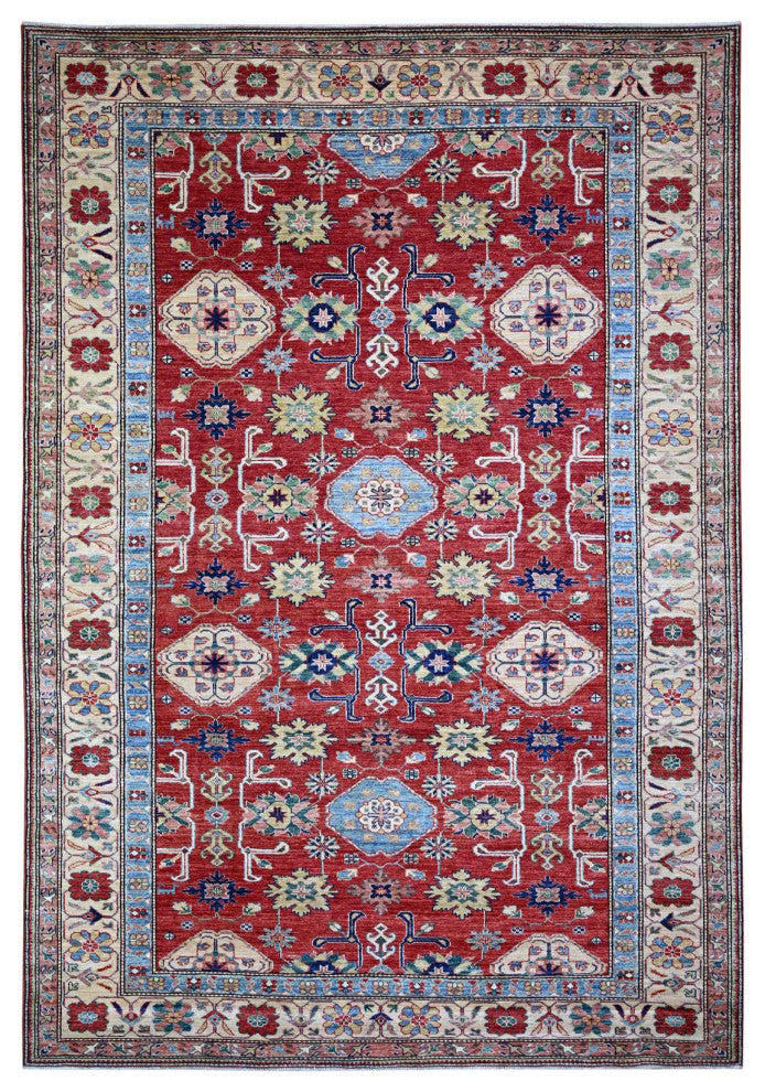 Sanguine Red Afghan Super Kazak Gul Motifs Soft Wool Hand Knotted Rug 6'8"x9'10"