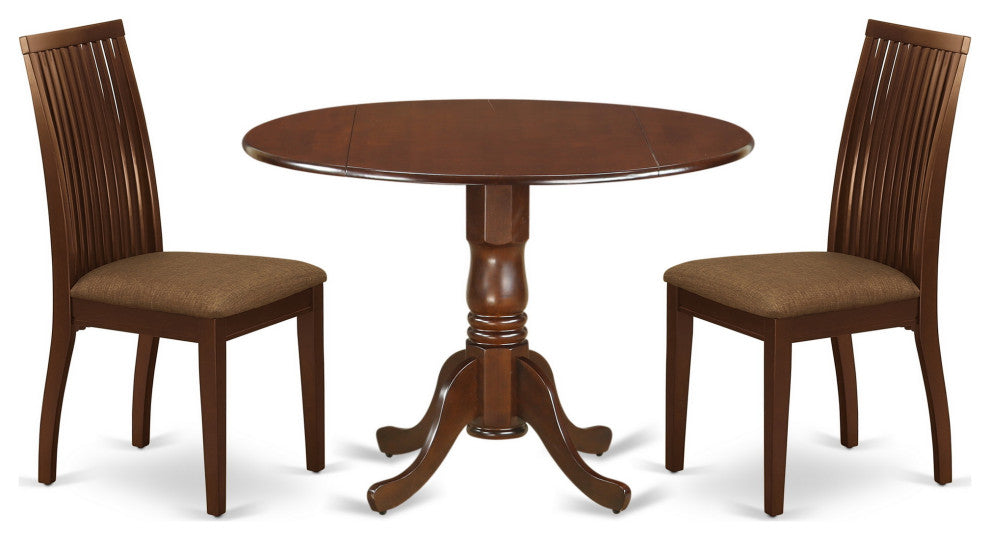 3Pc Dinette Set, Rounded Table, Drop Leaves, Two Linen Seat Chairs, Mahogany