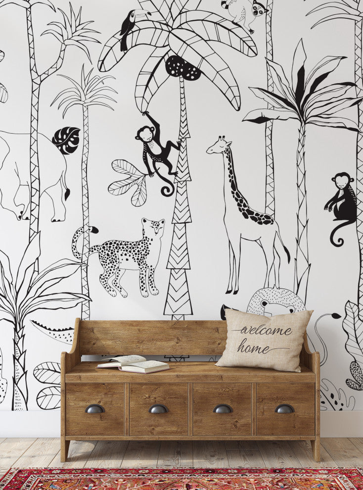 Safari Jungle Illustration Peel and Stick Vinyl Mural, Black, 24"x108", 6 Panel Set