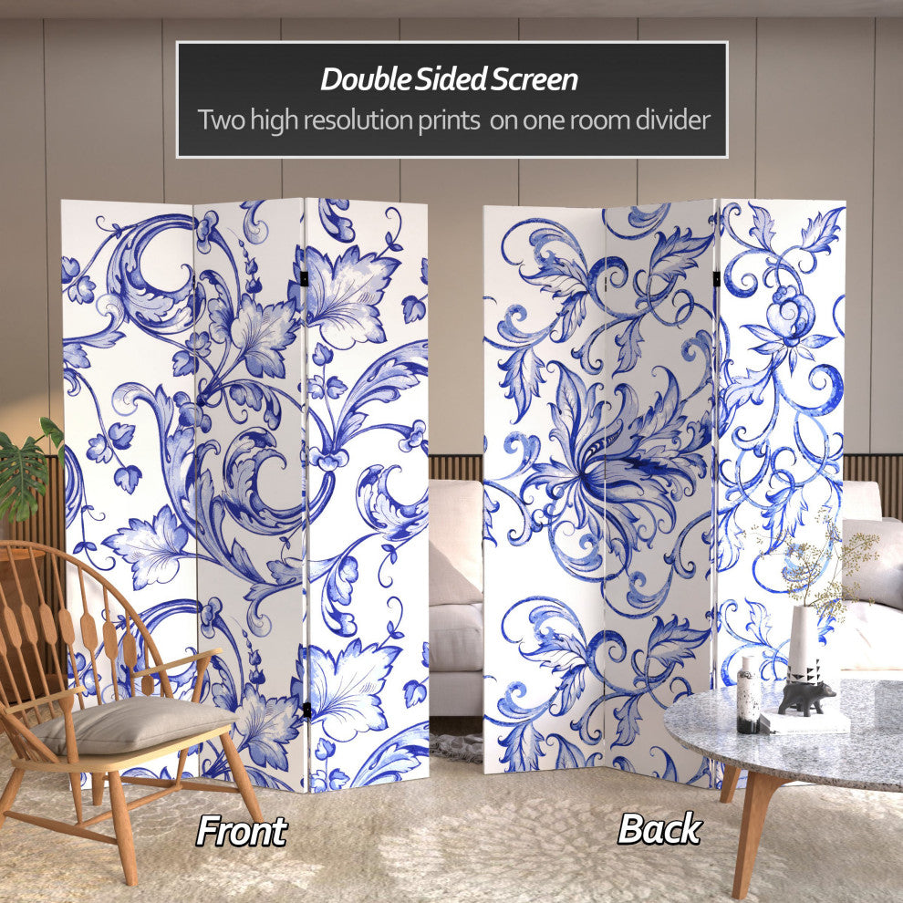 6' Tall Double Sided Blue Filigree Canvas Room Divider