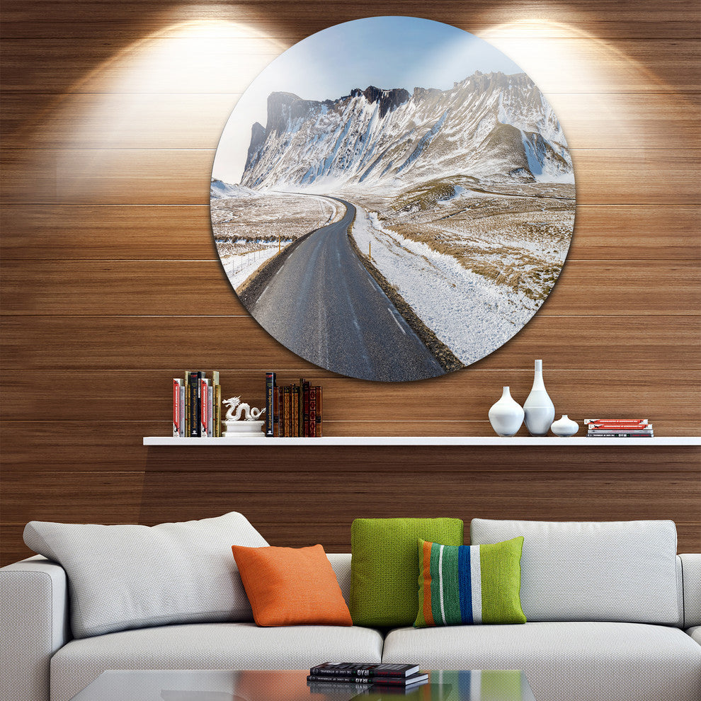Range Road In Winter Mountains, Landscape Round Metal Wall Art, 23"