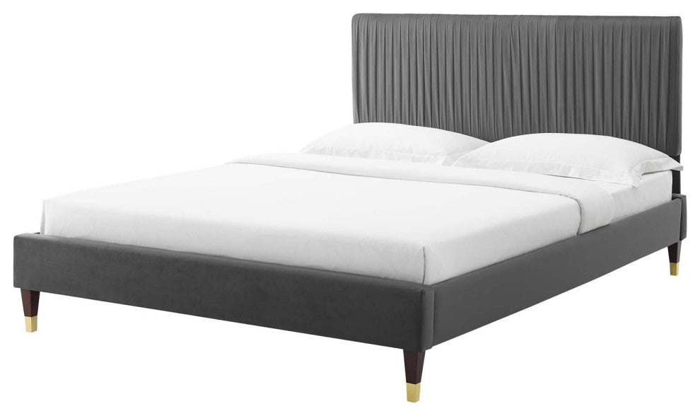 Platform Bed Frame, King Size, Velvet, Dark Gray, Modern Contemporary