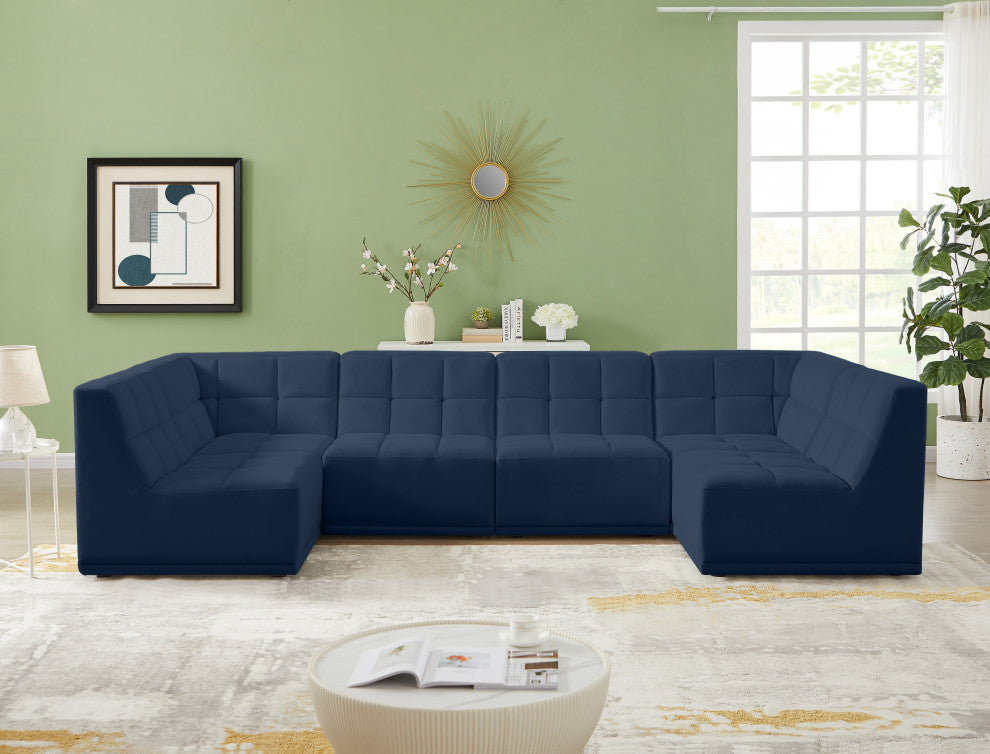 Relax Velvet Upholstered 6-Piece U-Shaped Modular Sectional, Navy