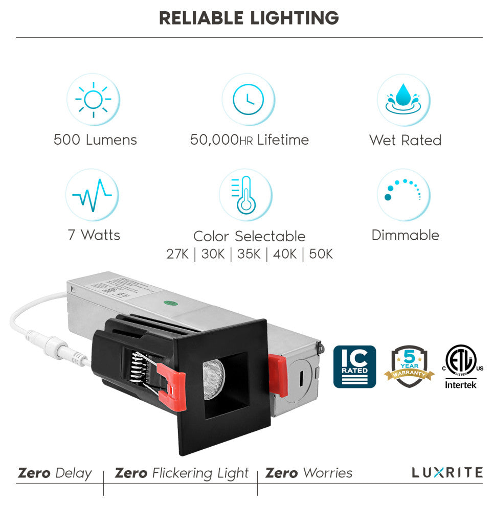 Luxrite 1" Square LED Recessed Light 7W 5CCT 500lm Wet Rated Black 4PK