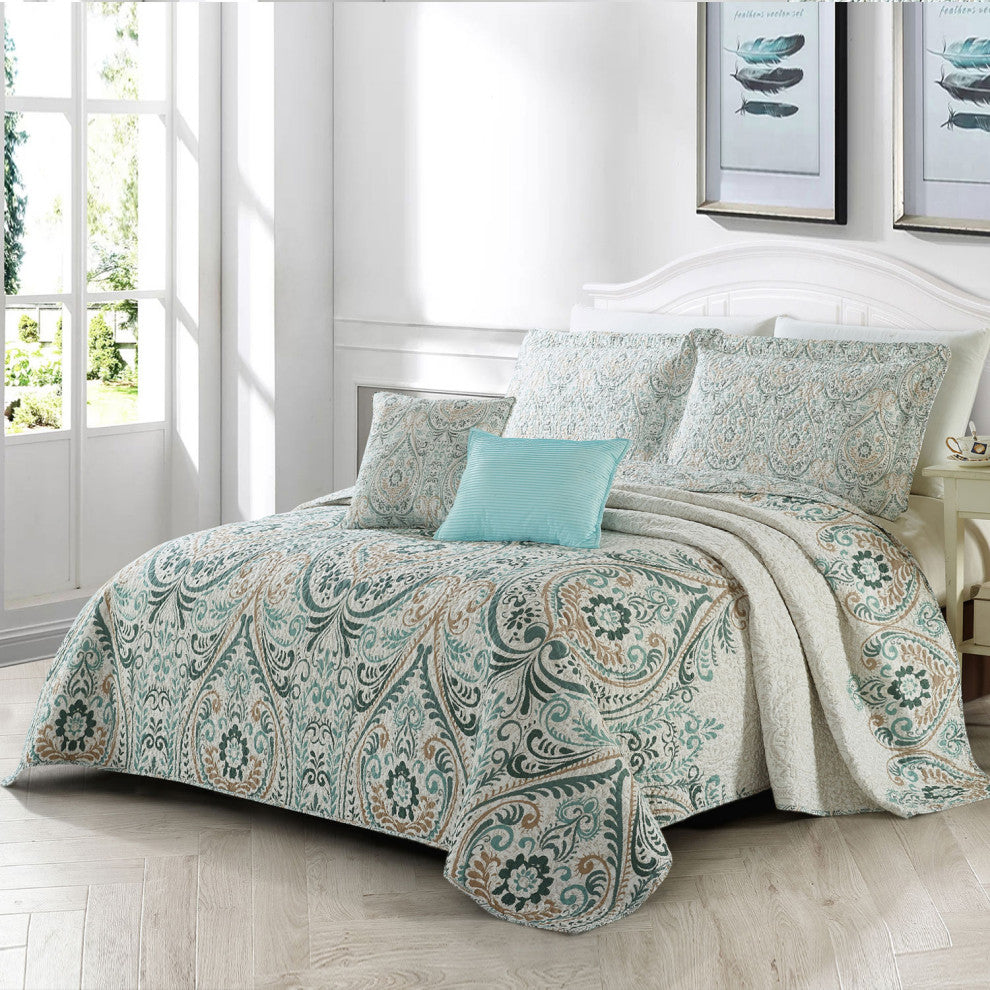 Damask 5 Piece Reversible Quilt Bed Spread Coverlet Set, Blue, Queen, 90"x90"