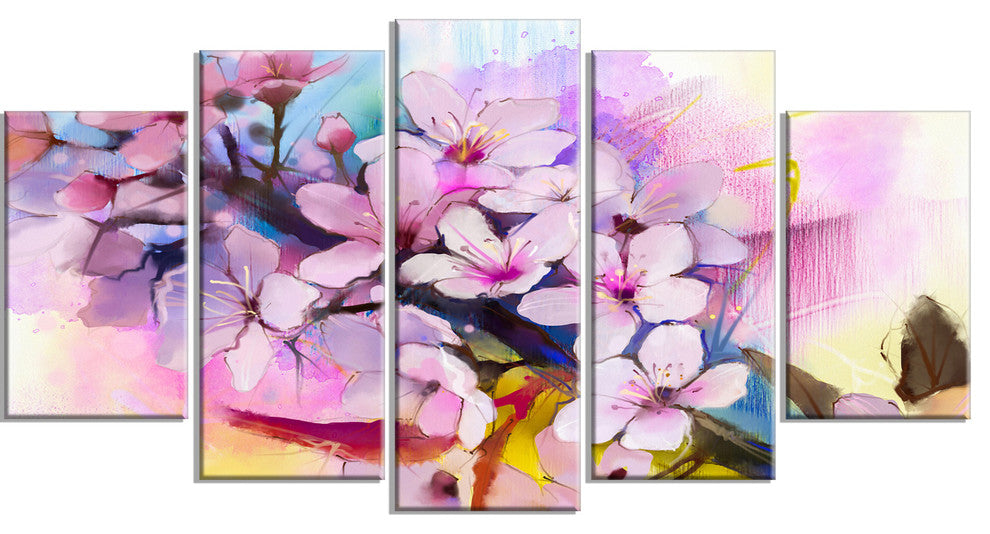 Japanese Cherry Blossoms Watercolor, Floral Canvas Art Print, 60"x32", 5 Panels
