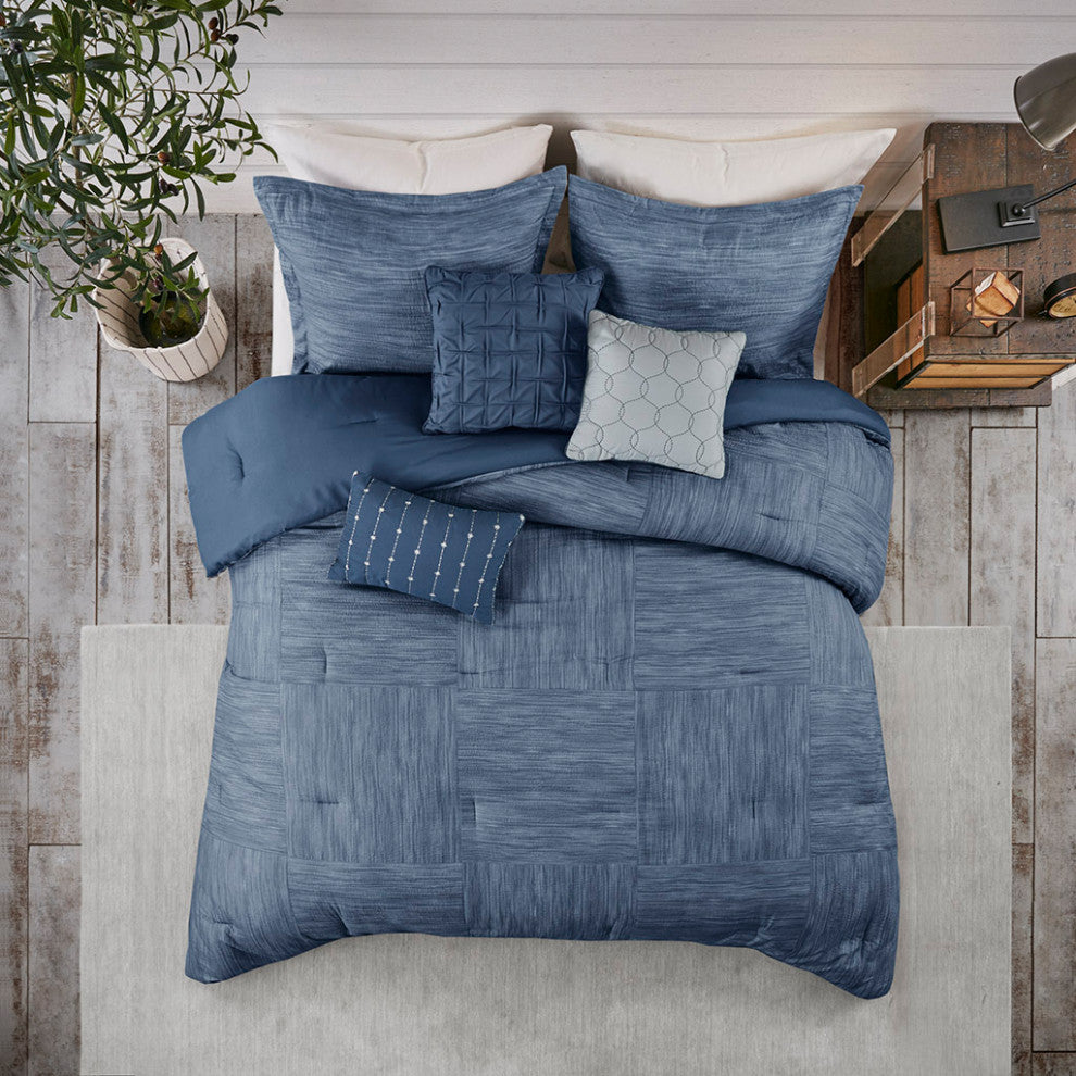 Madison Park Walter 7 Piece Printed Seersucker Comforter Set, Navy