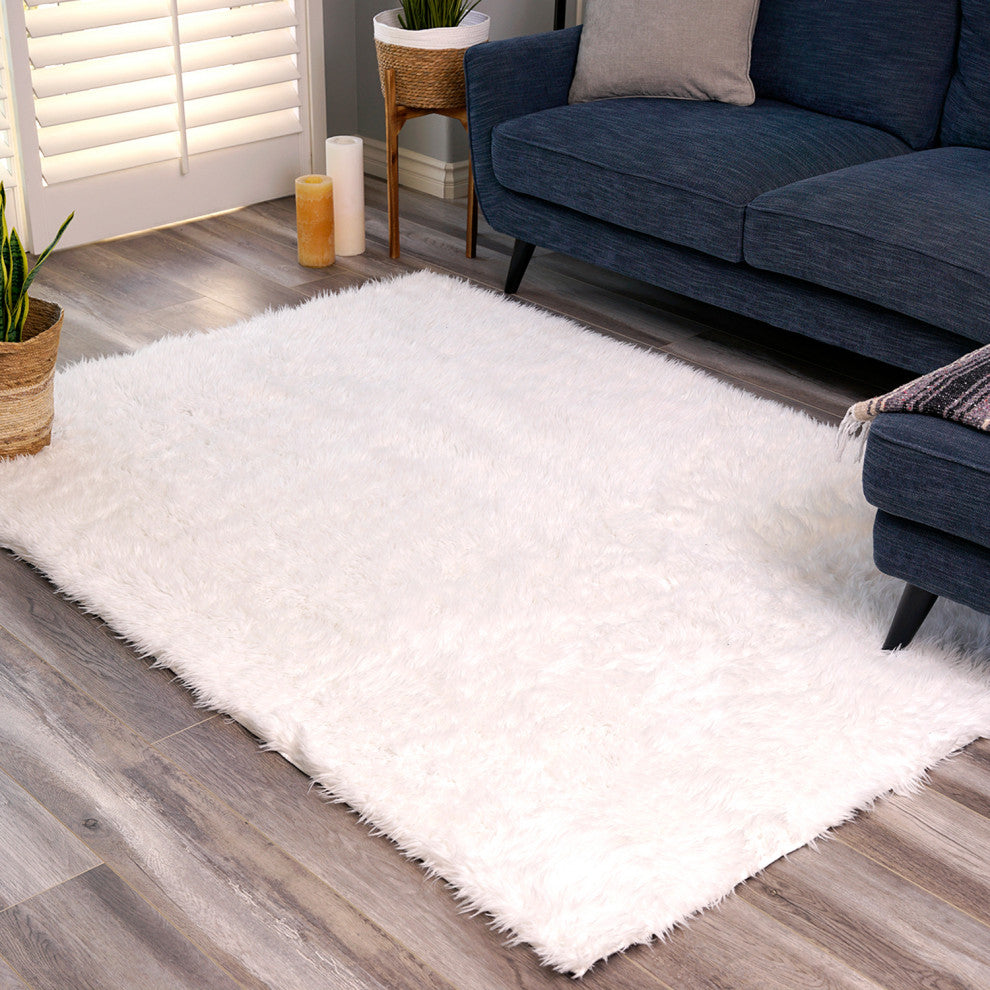 My Magic Carpet Washable Faux Fur White Shag Rug, 5'x7'