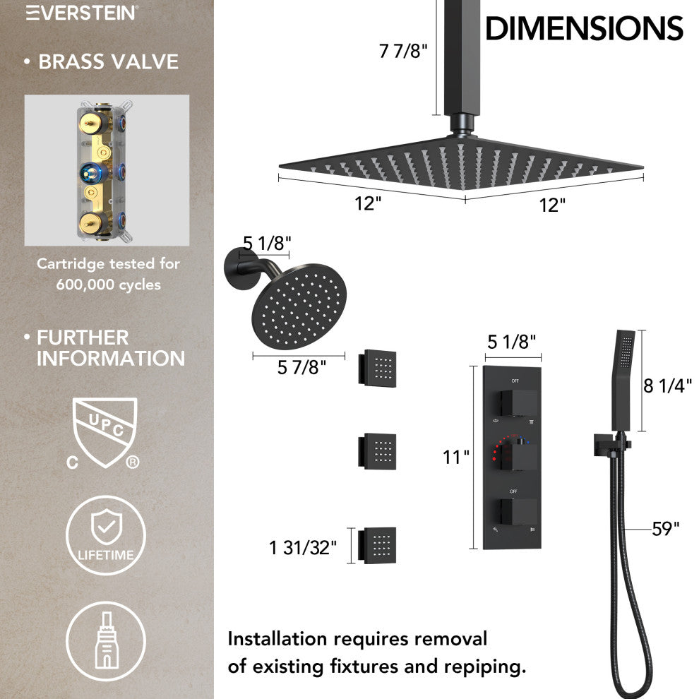 Thermostatic Dual Heads 12" Rainfall Shower System With 3 Body Jets, Matte Black
