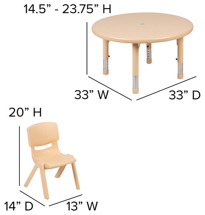 33" Round Plastic Height Adjustable Table Set With 4 Chairs, Natural