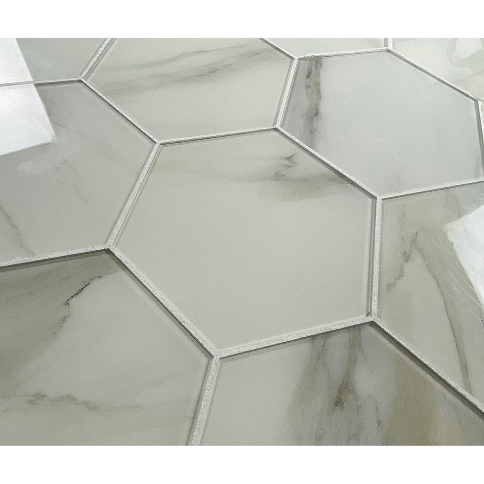 Nature 8 in x 8 in Glass Hexagon Tile in Calacatta White, Set of 20