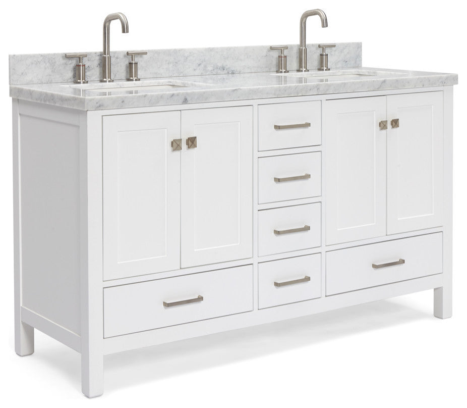 ARIEL Cambridge 61" Double Rectangle Sink Bathroom Vanity White With Marble Top