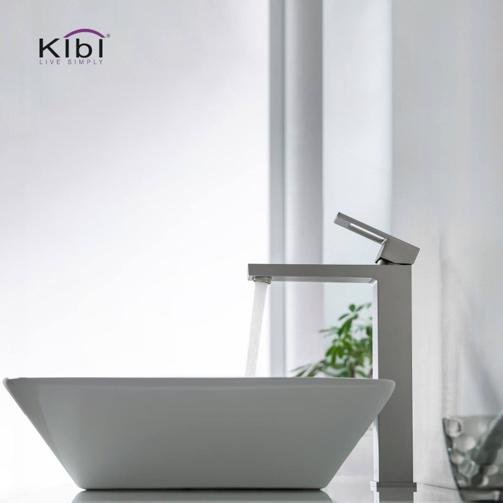 Cubic Single Handle Vessel Sink Faucet KBF1003, Brush Nickel, W/ Drain