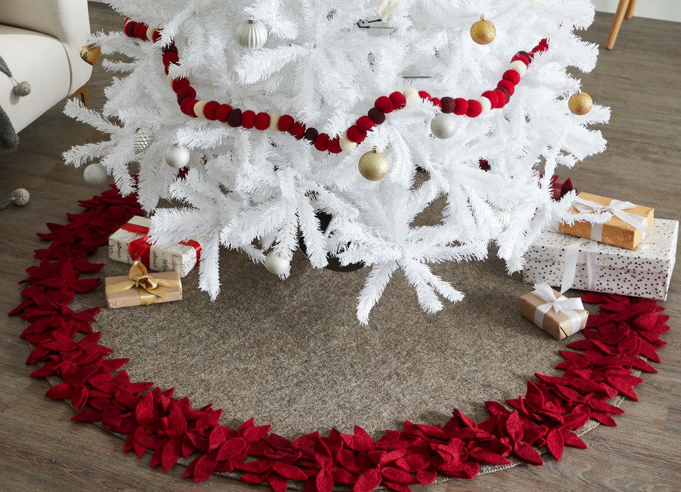 Overlapping flowers tree skirt- grey With maroon flowers-60" hand felted wool