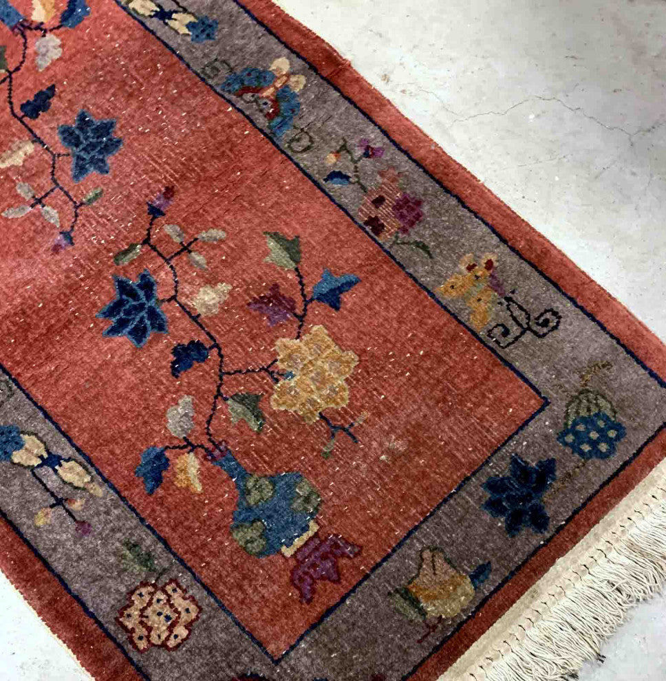 Handmade Antique Art Deco Chinese Rug 2.1'x4.3', 64cmx131cm 1920s