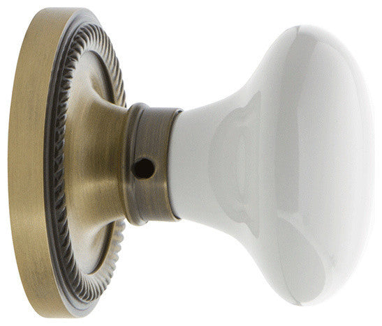 Rope Rosette Passage White Porcelain Knob, Antique Brass