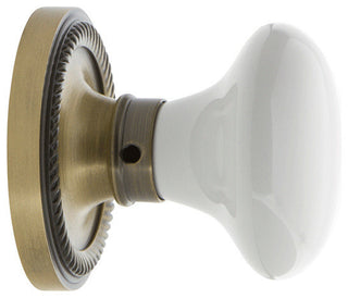 Rope Rosette Passage White Porcelain Knob, Antique Brass