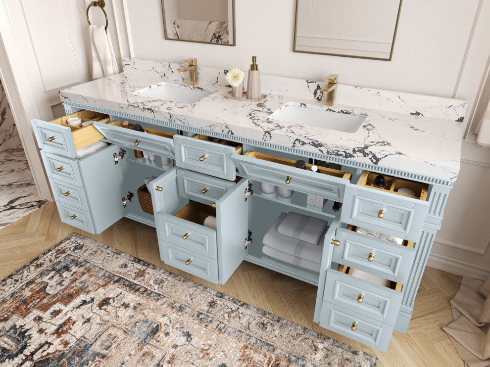 Paris 84" Double Sink Bathroom Vanity, Blue Heather 2" Calacatta Gold