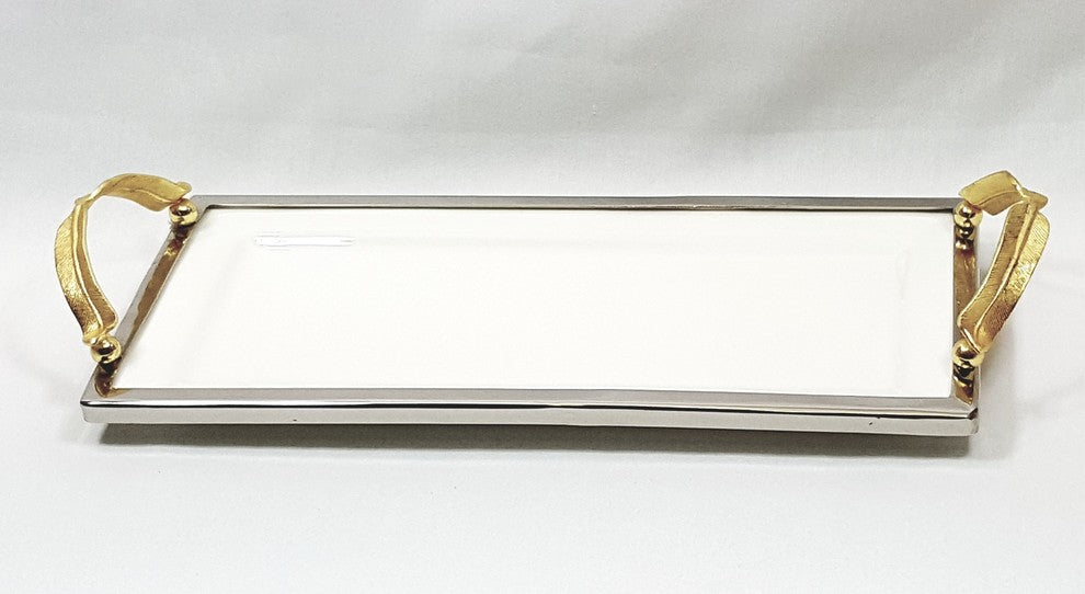 Elegance Gold Feather Ceramic Rectangular Tray With Handle