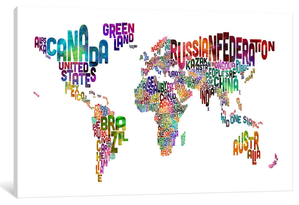 "World, Countries Typographic Map II" Wrapped Canvas Print, 26x18x1.5