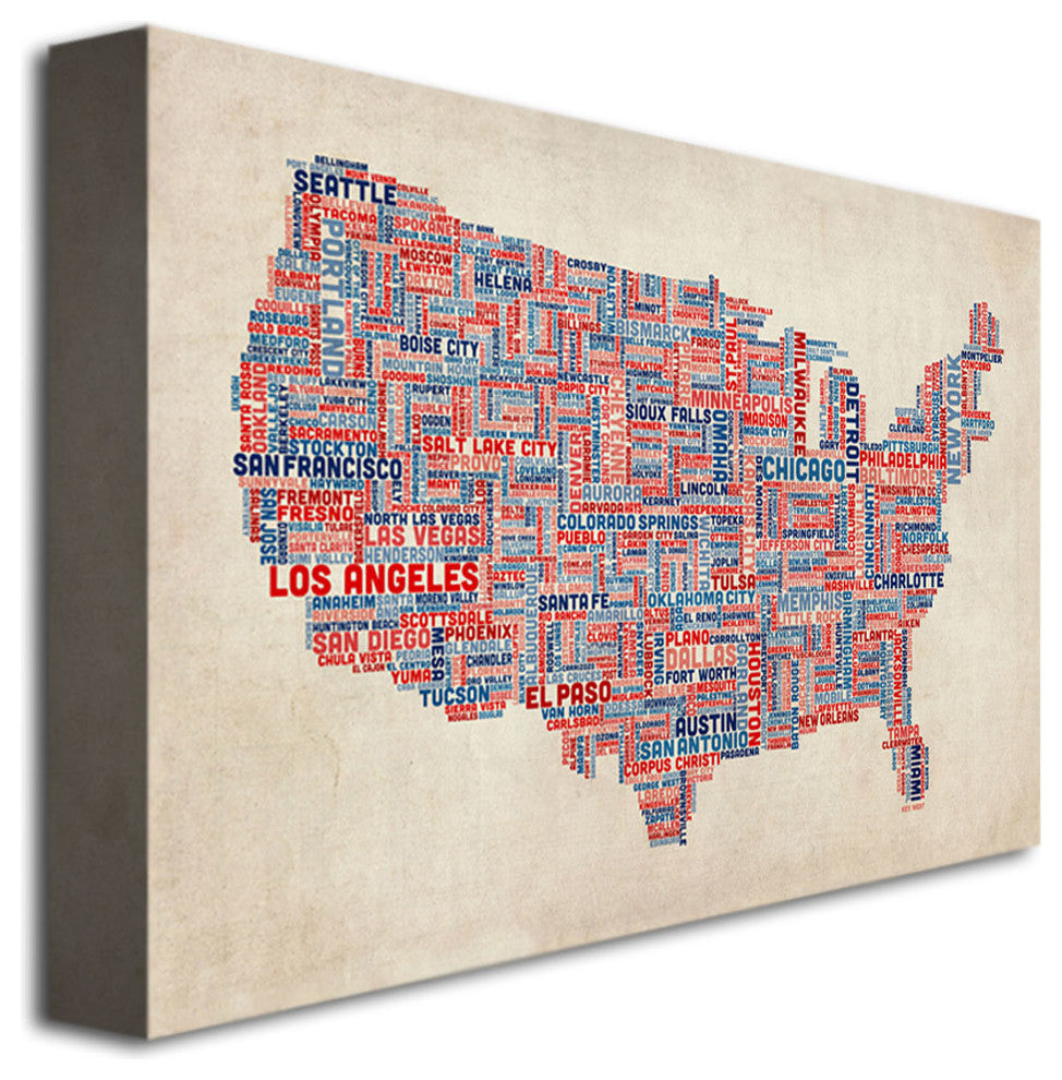 'US Cities Text Map V' Canvas Art by Michael Tompsett