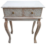 2 Drawer Mango Wood Console Table With Floral Carved Front, Brown and White