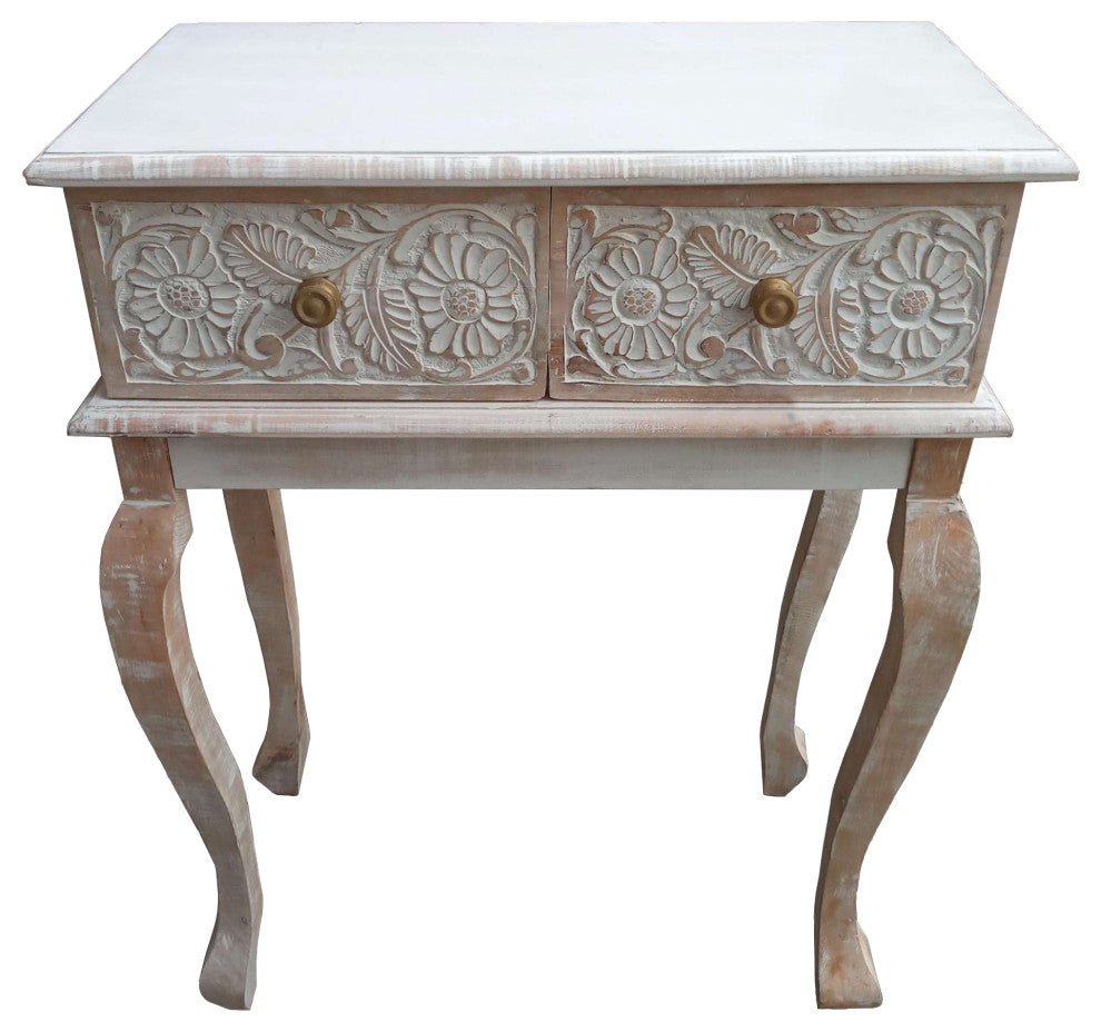 2 Drawer Mango Wood Console Table With Floral Carved Front, Brown and White