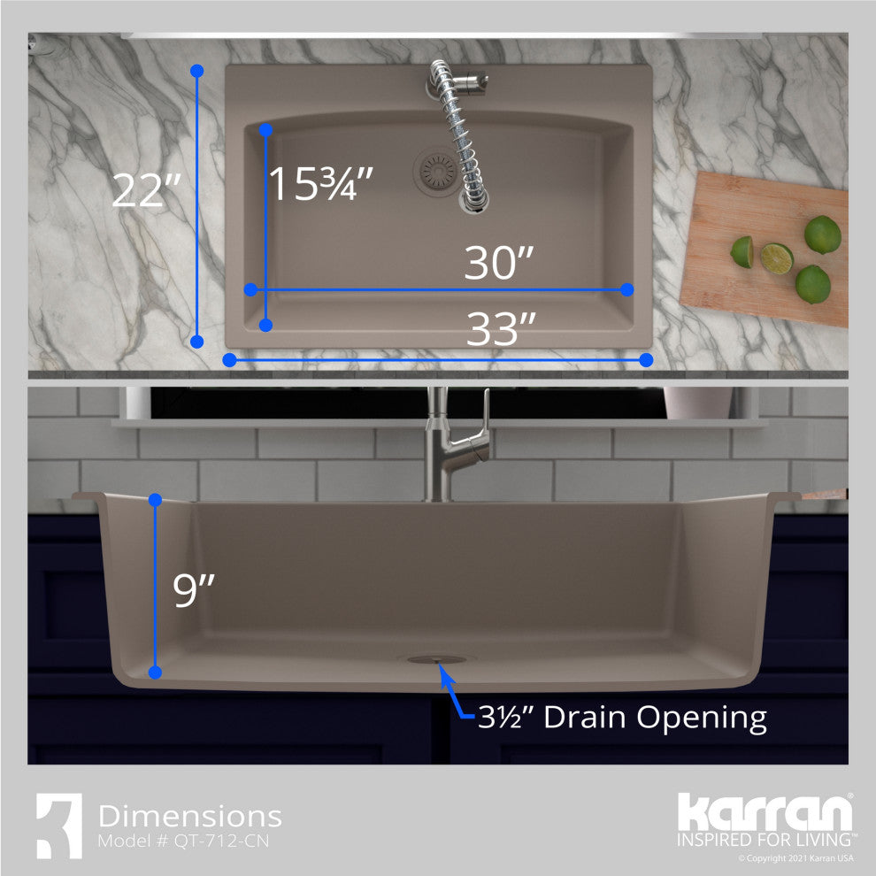 Karran Drop-In Quartz 33" 1-Hole Single Bowl Kitchen Sink, Concrete