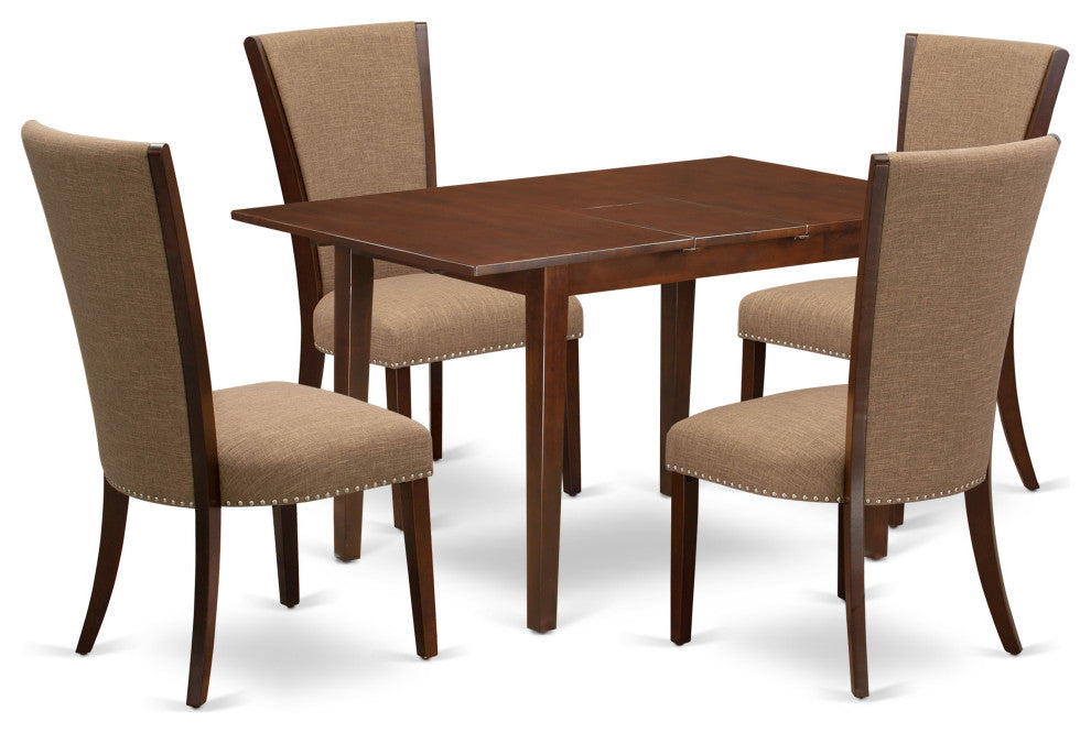 A Dining Set, 4 Parson Chairs Light Sable Color, Wood Table In Mahogany Finish