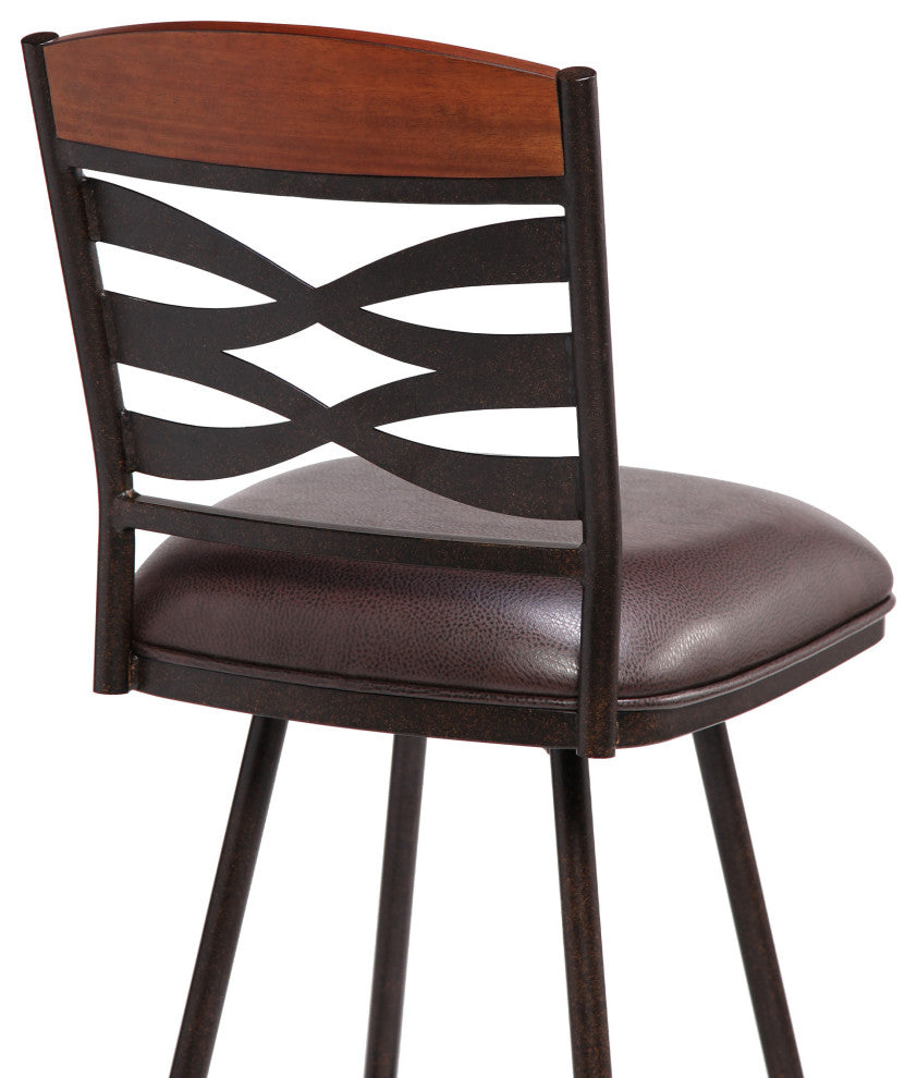 30" Brown Faux Leather Speckled Metal and Maple Wood Bar Stool