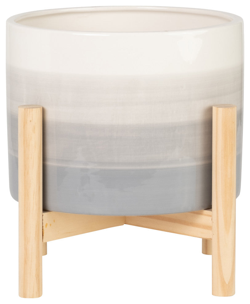 8" Ceramic Planter With Wood Stand, Beige Mix