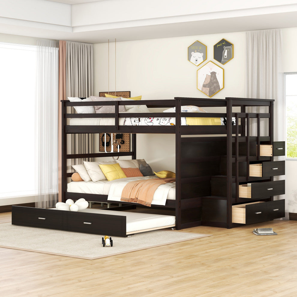 Gewnee Full Over Full Bunk Bed with Twin Size Trundle and Staircase