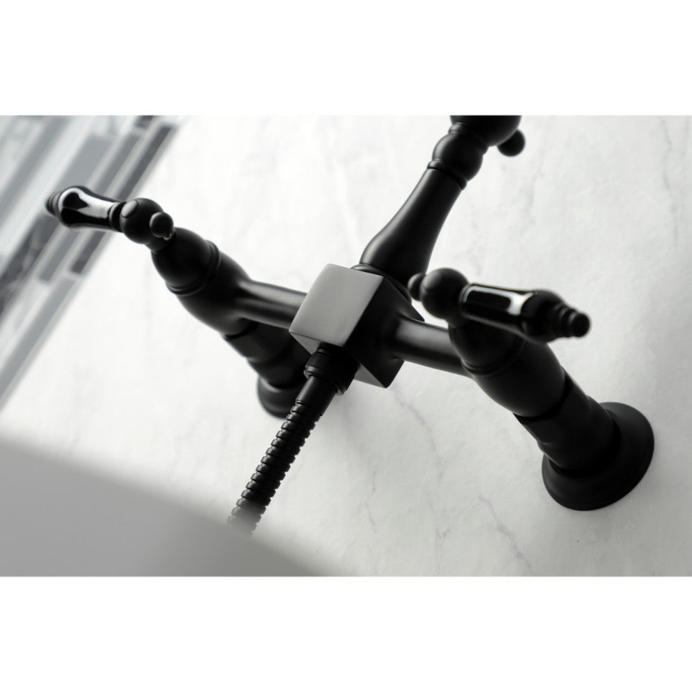 KS1260PKLBS Wall Mount Bridge Kitchen Faucet With Brass Sprayer, Matte Black